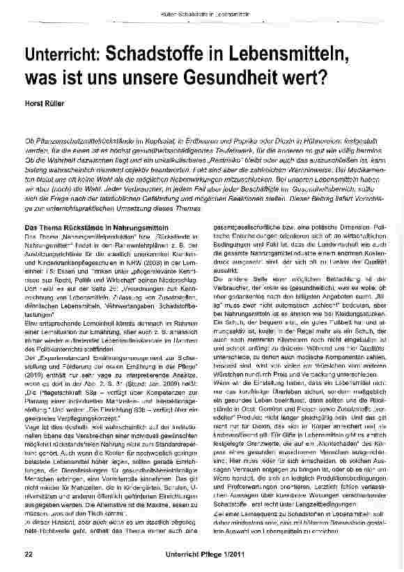Vorschauseite 1: Unterricht: Schadstoffe in Lebensmitteln, was ist uns unsere Gesundheit wert?