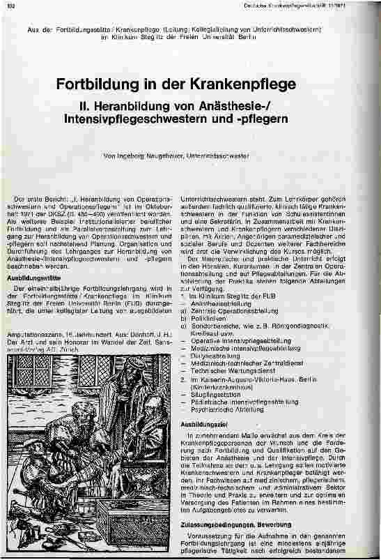 Vorschauseite 1: Fortbildung in der Krankenpflege --- Heranbildung von Anästhesie-und Intensivpflegeschwestern-Pflegern