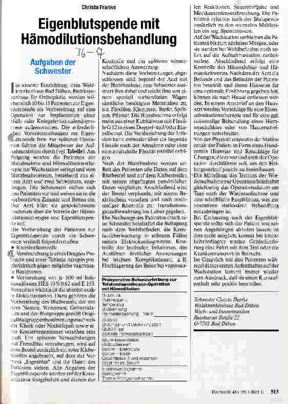Vorschauseite 1: Eigenblutspende mit Hämodilutionsbehandlung