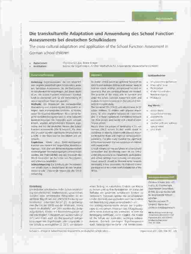 Vorschauseite 1: Die transkulturelle Adaptation und Anwendung des School Function Assessments bei deutschen Schulkindern