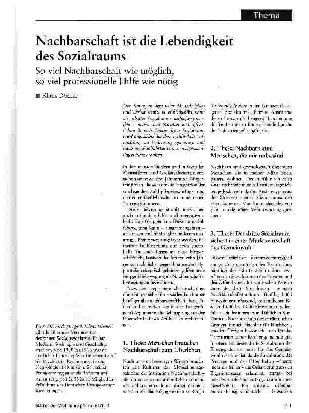 Vorschauseite 1: Nachbarschaft ist die Lebendigkeit des Sozialraums So viel Nachbarschaft wie möglich, so viel professionelle Hilfe wie nötig