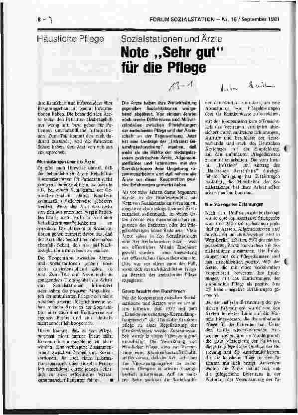 Vorschauseite 1: Sozialstationen und Ärzte Note Sehr gut für die Pflege