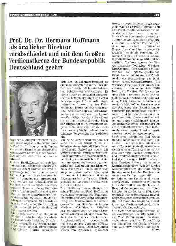 Vorschauseite 1: Prof. Dr. Dr. Hermann Hoffmann als ärztlicher Direktor verabschiedet und mit dem Großen Verdienstkreuz der Bundesrepublik Deutschland geehrt