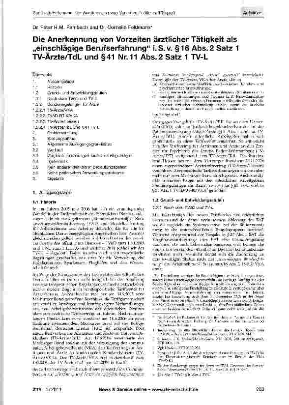 Vorschauseite 1: Die Anerkennung von Vorzeiten ärztlicher Tätigkeit als „einschlägige Berufserfahrung i. S. v. §16 Abs. 2 Satz 1 TV-Ärzte/TdL und §41 Nr. 11 Abs. 2 Satz 1 TV-L