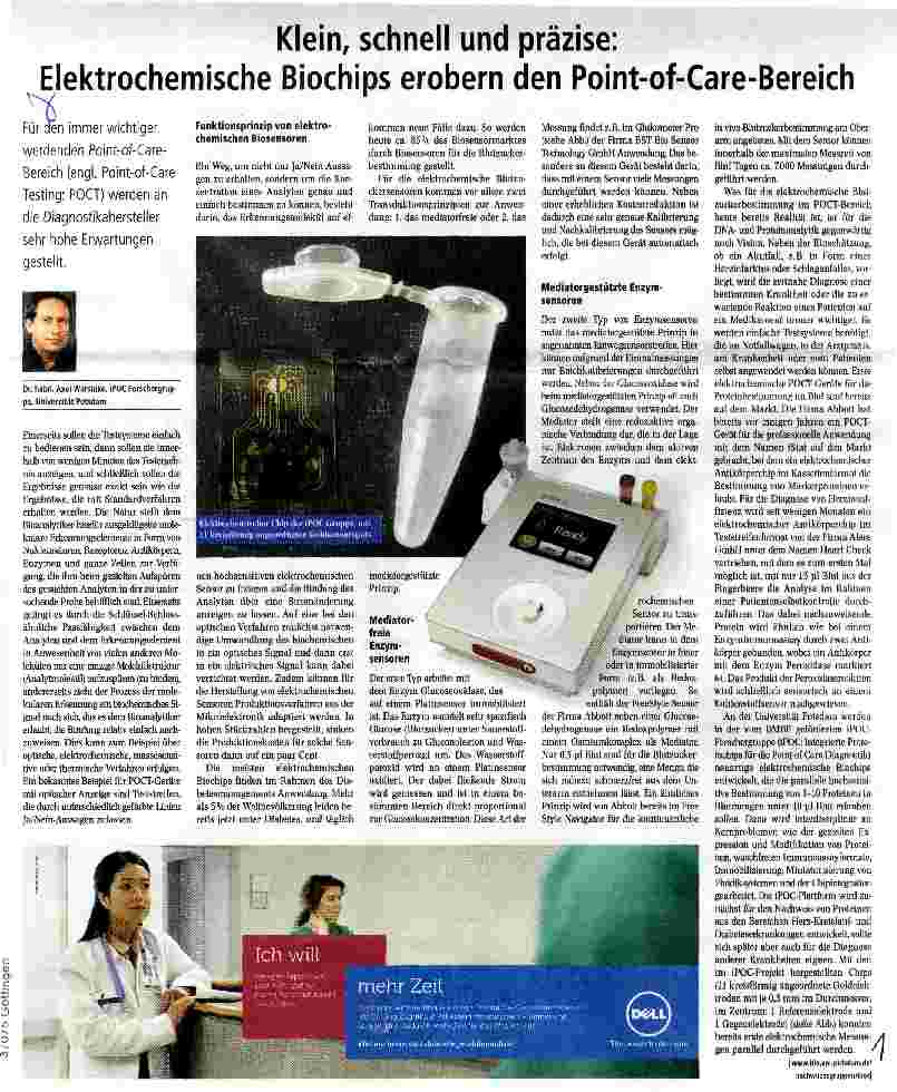 Vorschauseite 1: Klein, schnell und präzise: Elektrochemische Biochips erobern den Point-of-Care-Bereich