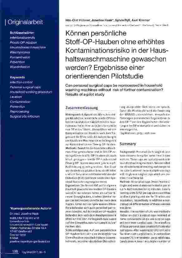 Vorschauseite 1: Können persönliche Stoff-OP-Hauben ohne erhöhtes Kontaminationsrisiko in der Haushaltswaschmaschine gewaschen werden? Ergebnisse einer orientierenden Pilotstudie