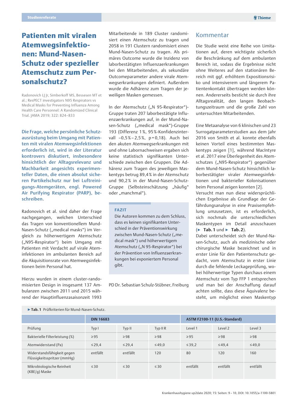 Vorschauseite 1: Patienten mit viralen Atemwegsinfektionen: Mund-Nasen-Schutz oder spezieller Atemschutz zum Personalschutz?