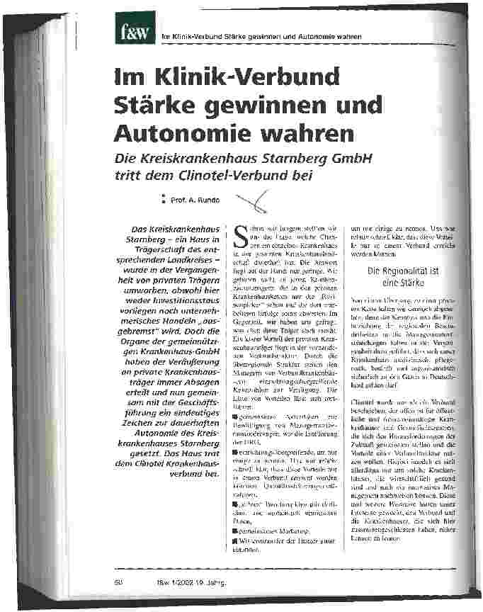 Vorschauseite 1: Im Klinik-Verbund Stärke gewinnen und Autonomie wahren Die Kreiskrankenhaus Starnberg GmbH tritt dem Clinotel-Verbund bei