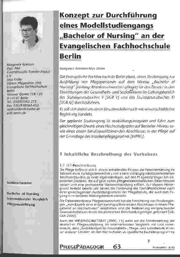 Vorschauseite 1: Konzept zur Durchführung eines Modellstudiengangs Bachelor of Nursing an der Evangelischen Fachhochschule Berlin