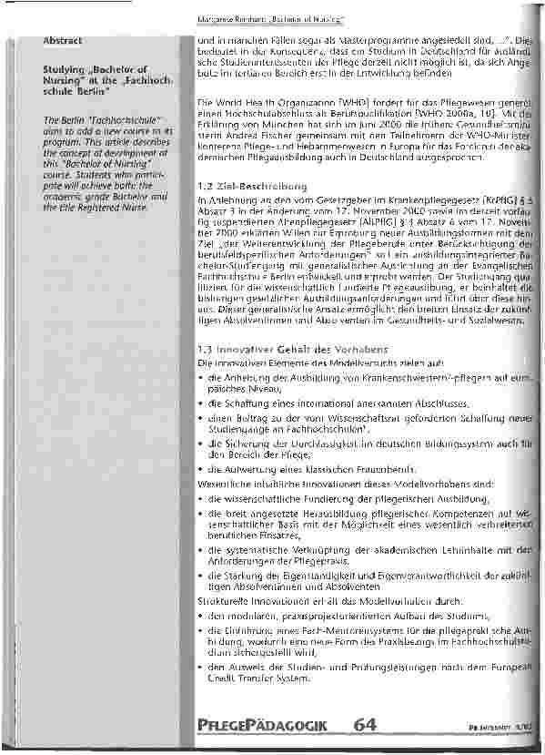 Vorschauseite 2: Konzept zur Durchführung eines Modellstudiengangs Bachelor of Nursing an der Evangelischen Fachhochschule Berlin