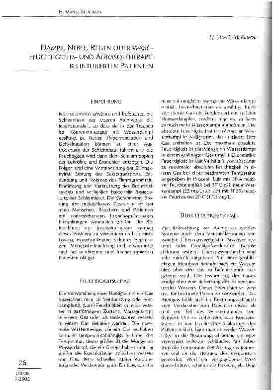 Vorschauseite 1: Dampf, Nebel, Regen oder was? - Feuchtigkeitsund Aerosoltherapie bei intubierten Patienten