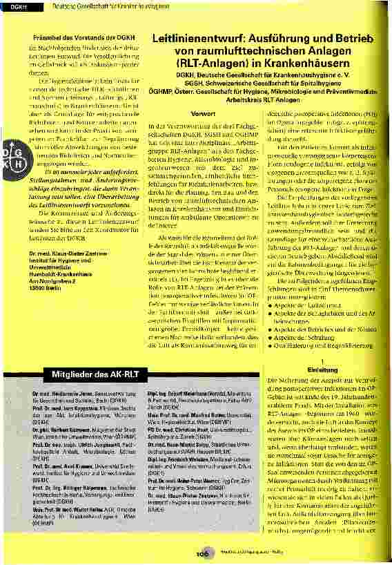 Vorschauseite 1: Leitlinienentwurf: Ausführung und Betrieb von raumlufttechnischen Anlagen (RLT-Anlagen) in Krankenhäusern