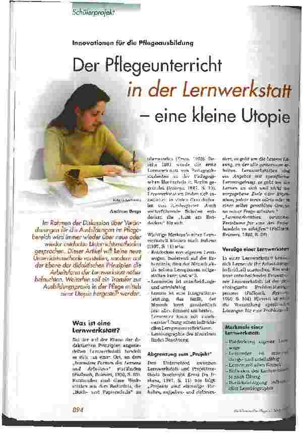 Vorschauseite 1: Der Pflegeunterricht in der Lernwerkstatt - eine kleine Utopie Innovationen für die Pflegeausbildung