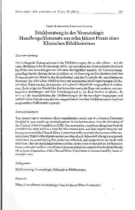 Vorschauseite 1: Ethikberatung in der NeonatologieHandlungsdilemmata aus zehn Jahren Praxis einesKlinischen Ethikkomitees