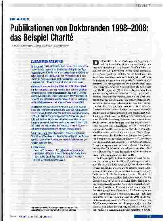 Vorschauseite 1: Publikationen von Doktoranden 1998-2008: das Beispiel Charite