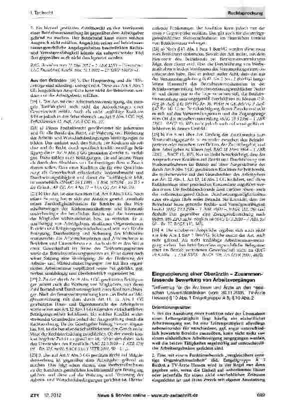 Vorschauseite 1: Eingruppierung einer Oberärztin - Zusammenfassende Bewertung von ArbeitsvorgängenTarifvertrag für die Ärztinnen und Ärzte an den hessischen Universitätskliniken (vom 30.11.2006, T…