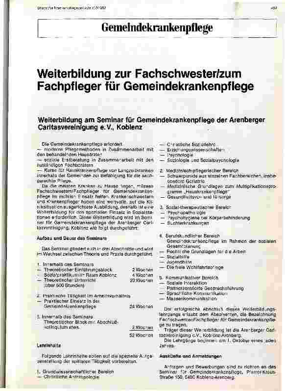 Vorschauseite 1: Weiterbildung zur Fachschwester/zum Fachpfleger für Gemeindekrankenpflege - Seminar der Arenberger Caritasvereinigung e. V.