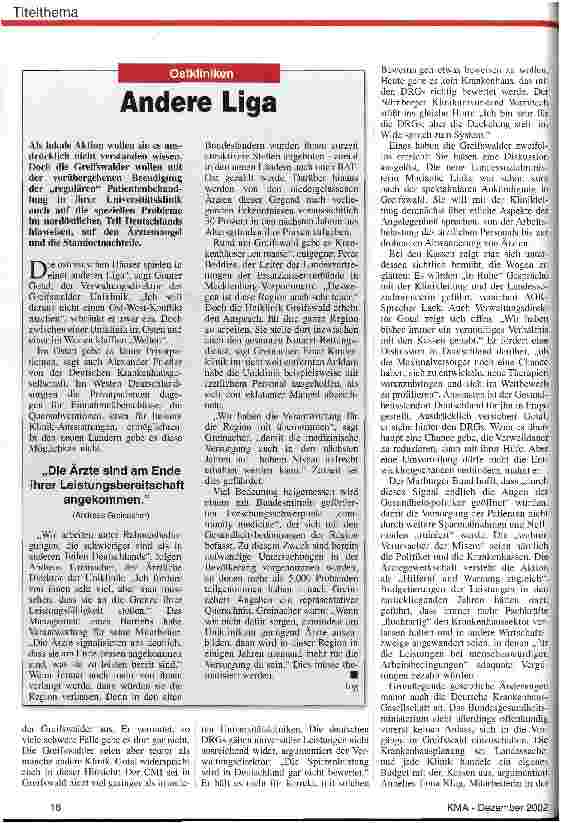 Vorschauseite 6: Zwischen Ethik und wirtschaftlichem Kalkül Universitätsklinikum Greifswald