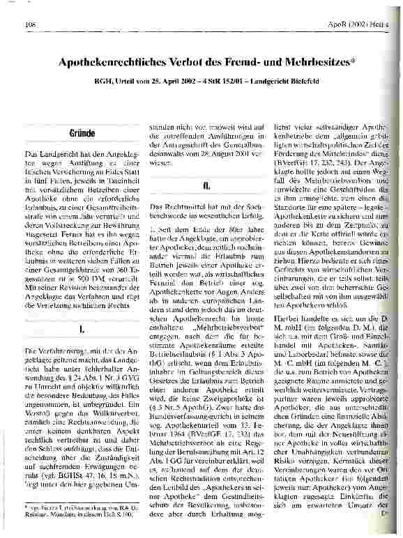 Vorschauseite 1: Apothekenrechtliches Verbot des Fremdund Mehrbesitzes BGH, Urteil vom 25. April 2002
