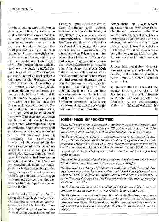 Vorschauseite 2: Apothekenrechtliches Verbot des Fremdund Mehrbesitzes BGH, Urteil vom 25. April 2002