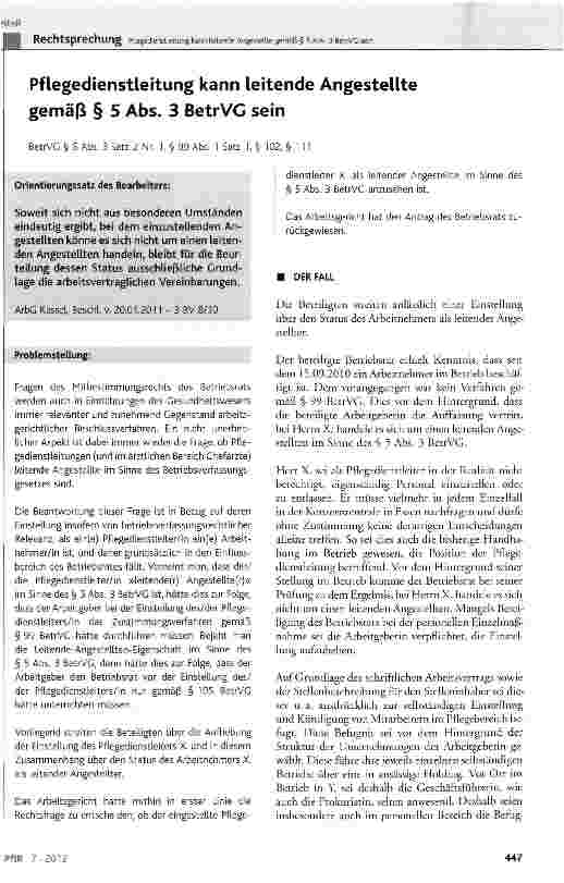 Vorschauseite 1: Pflegedienstleitung kann leitende Angestellte gemäß § 5 Abs. 3 BetrVG sein