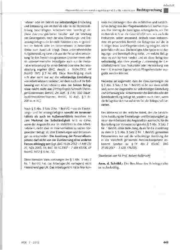 Vorschauseite 3: Pflegedienstleitung kann leitende Angestellte gemäß § 5 Abs. 3 BetrVG sein