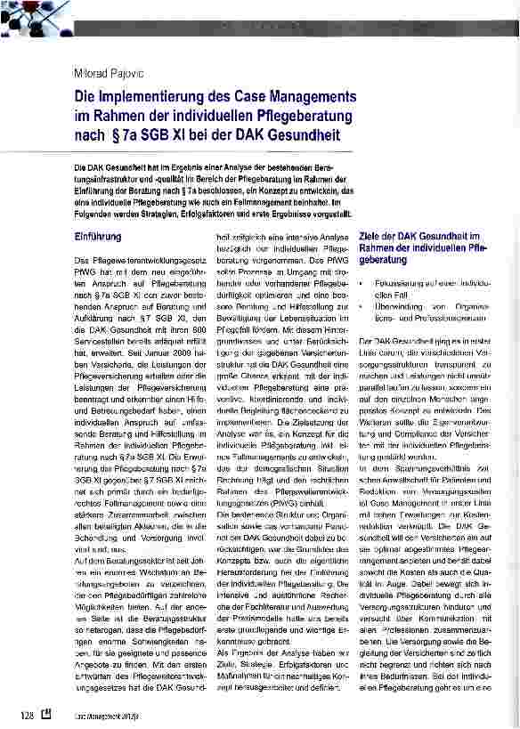 Vorschauseite 1: Die Implementierung des Case Managements im Rahmen der individuellen Pflegeberatung nach § 7a SGB XI bei der DAK Gesundheit
