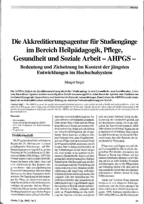 Vorschauseite 1: Die Akkreditierungsagentur für Studiengänge im Bereich Heilpädagogik, Pflege, Gesundheit und Soziale Arbeit - AHPGS Bedeutung und Zielsetzung im Kontext der jüngsten Entwicklungen…