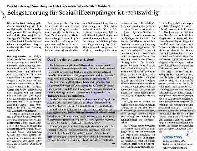 Vorschauseite 1: Belegsteuerung für Sozialhilfeempfänger ist rechtswidrig