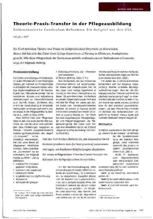 Vorschauseite 1: Theorie-Praxis-Transfer in der Pflegeausbildung Evidenzbasierte Curriculum-Reformen: Ein Beispiel aus den USA