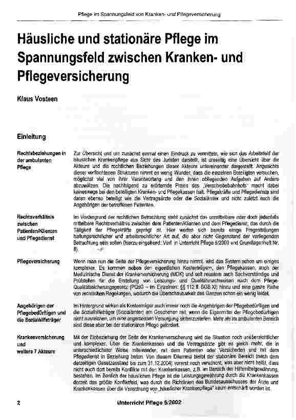 Vorschauseite 1: Häusliche und stationäre Pflege im Spannungsfeld zwischen Krankenund Pflegeversicherung