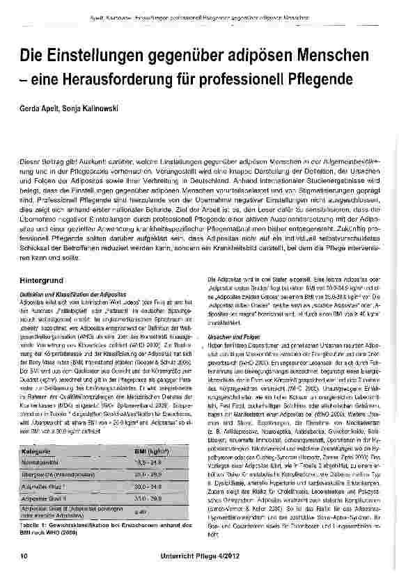 Vorschauseite 1: Die Einstellungen gegenüber adipösen Menschen - eine Herausforderung für professionell Pflegende
