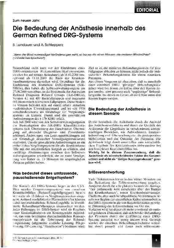 Vorschauseite 1: Die Bedeutung der Anästhesie innerhalb des German Refined DRG-Systems