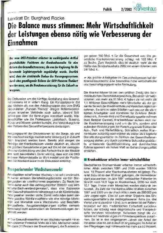Vorschauseite 1: Die Balance muss stimmen Mehr Wirtschaftlichkeit der Leistungen ebenso nötig wie Verbesserung der Einnahmen