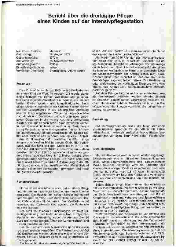 Vorschauseite 1: Bericht über die dreitätige Pflege eines Kindes auf der Intensivpflegestation