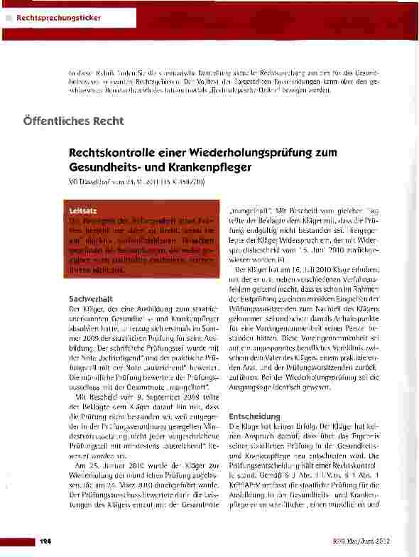 Vorschauseite 1: Rechtskontrolle einer Wiederholungsprüfung zum Gesundheitsund KrankenpflegerVG Düsseldorf vom 24. 11. 2011 (15 K 4587/10)