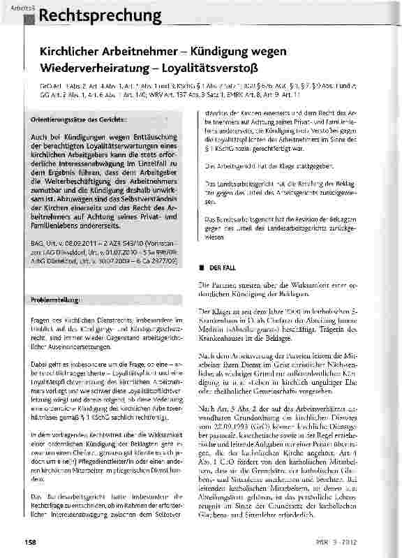 Vorschauseite 1: Kirchlicher Arbeitnehmer - Kündigung wegen Wiederverheiratung - Loyalitätsverstoß