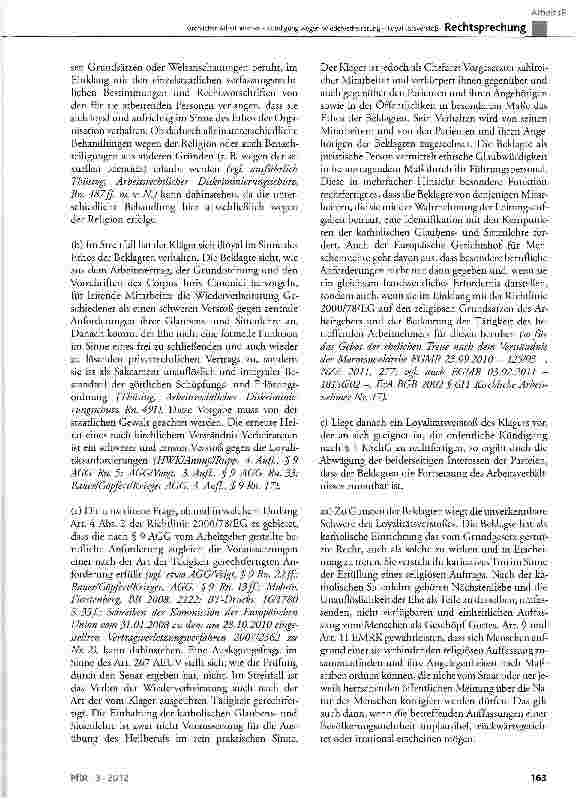 Vorschauseite 6: Kirchlicher Arbeitnehmer - Kündigung wegen Wiederverheiratung - Loyalitätsverstoß