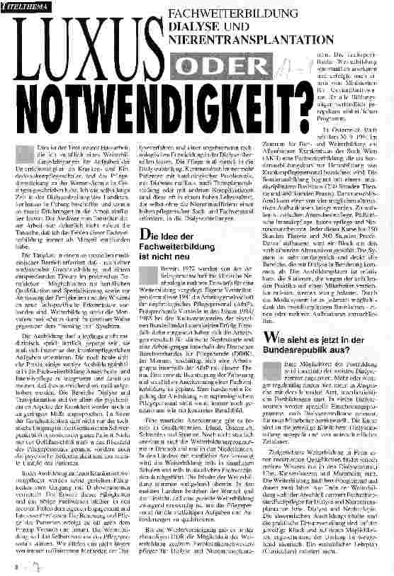 Vorschauseite 1: Luxus oder Notwendigkeit? Fachweiterbildung Dialyse und Nierentransplantation