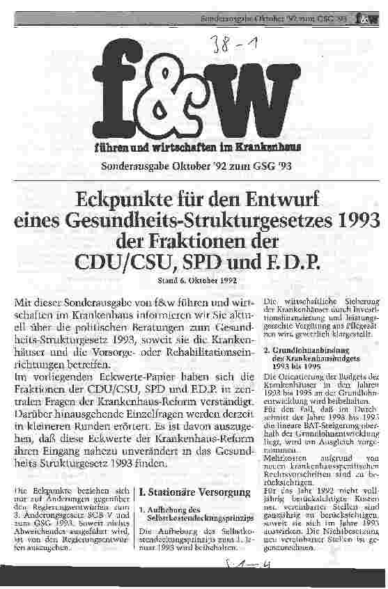 Vorschauseite 1: Eckpunkte für den Entwurf eines Gesundheits-Strukturgesetzes 1993 der Fraktionen der CDU/CSU,SPD und F.D.P.