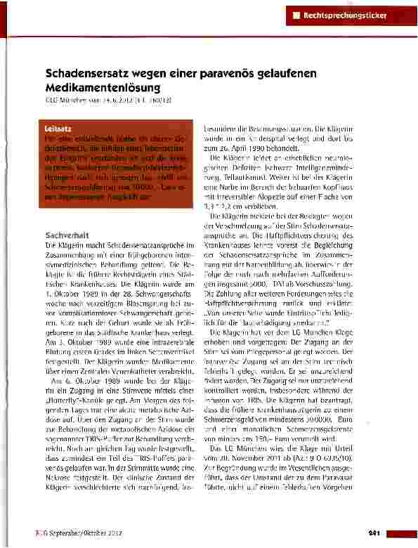 Vorschauseite 1: Schadensersatz wegen einer paravenös gelaufenen Medikamentenlösung