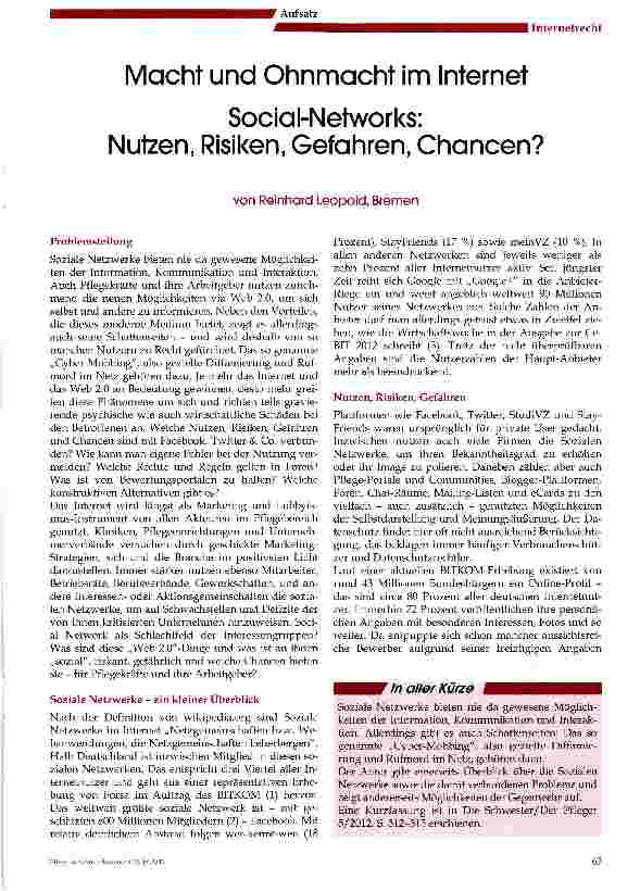 Vorschauseite 1: Macht und Ohnmacht im InternetSocial-Networks: Nutzen, Risiken, Gefahren, Chancen?