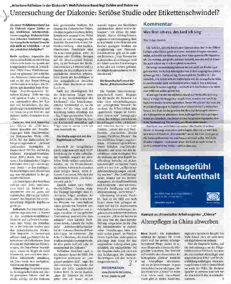 Vorschauseite 1: Untersuchung der Diakonie: Seriöse Studie oder Etikettenschwindel?