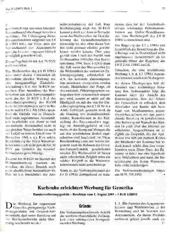 Vorschauseite 1: Karlsruhe erleichtert Werbung für Generika