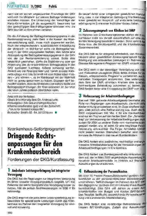 Vorschauseite 1: Krankenhaus-Sofortprogramm: Dringende Rechtsanpassung für den Krankenhausbereich Forderungen der DKG / Kurzfassung