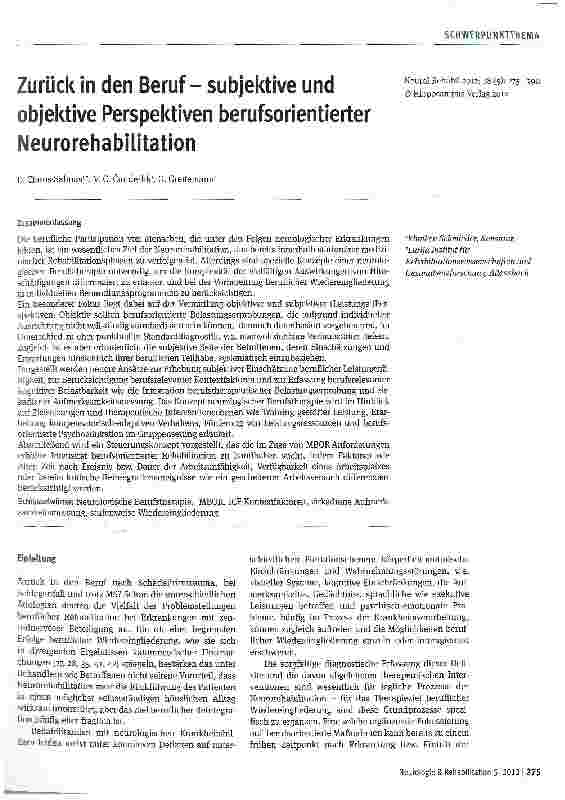 Vorschauseite 1: Zurück in den Beruf - subjektive und objektive Perspektiven berufsorientierter Neurorehabilitation
