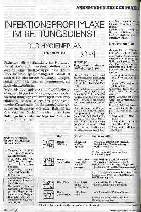 Vorschauseite 1: Infektionsprophylaxe im Rettungsdienst Der Hygieneplan