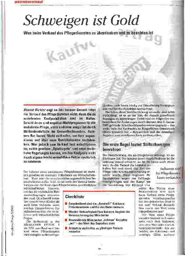 Vorschauseite 1: Schweigen ist Gold Was beim Verkauf des Pflegedienstes zu überdenken und zu beachten ist