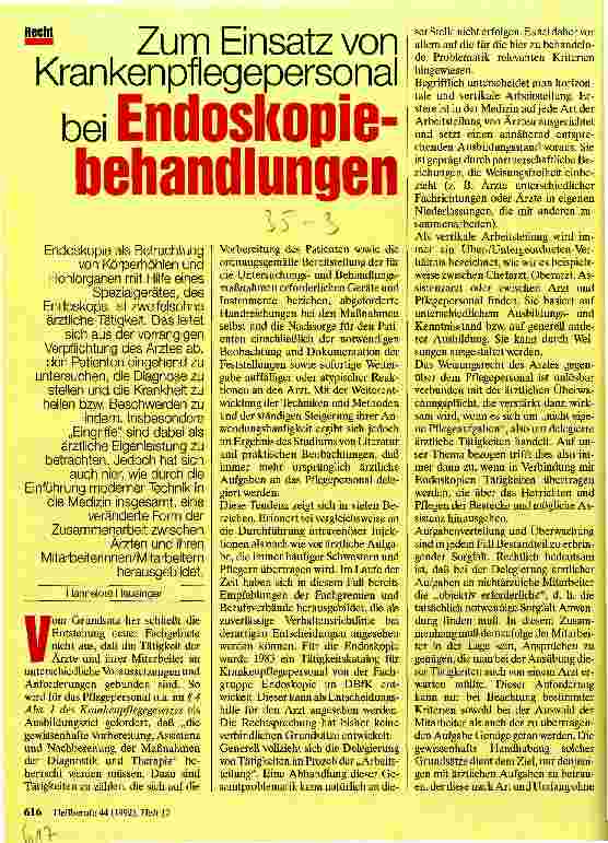 Vorschauseite 1: Zum Einsatz von Krankenpflegepersonal bei Endoskopiebehandlungen