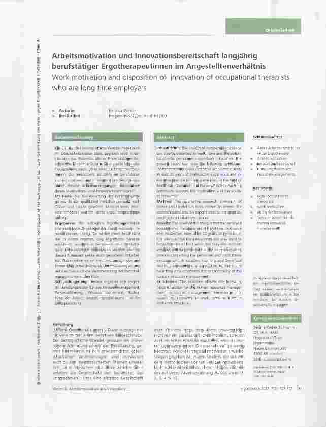 Vorschauseite 1: Arbeitsmotivation und Innovationsbereitschaft langjährig berufstätiger Ergotherapeutinnen im Angestelltenverhältnis